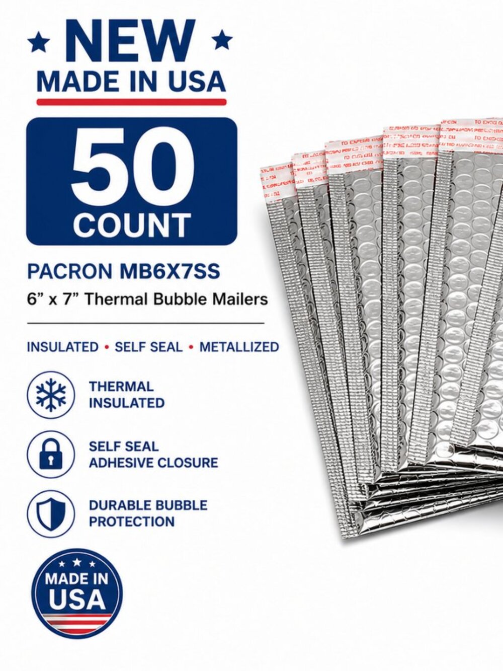 NEW 50 Pacron 6x7 Silver Thermal Bubble Mailers Self Seal Made USA